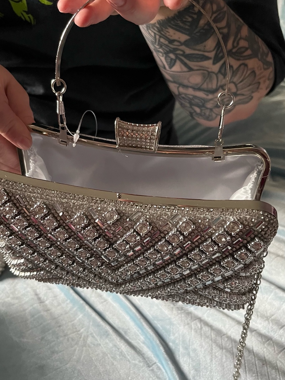 Crystal-Embellished Evening Clutch Handbag - Silver